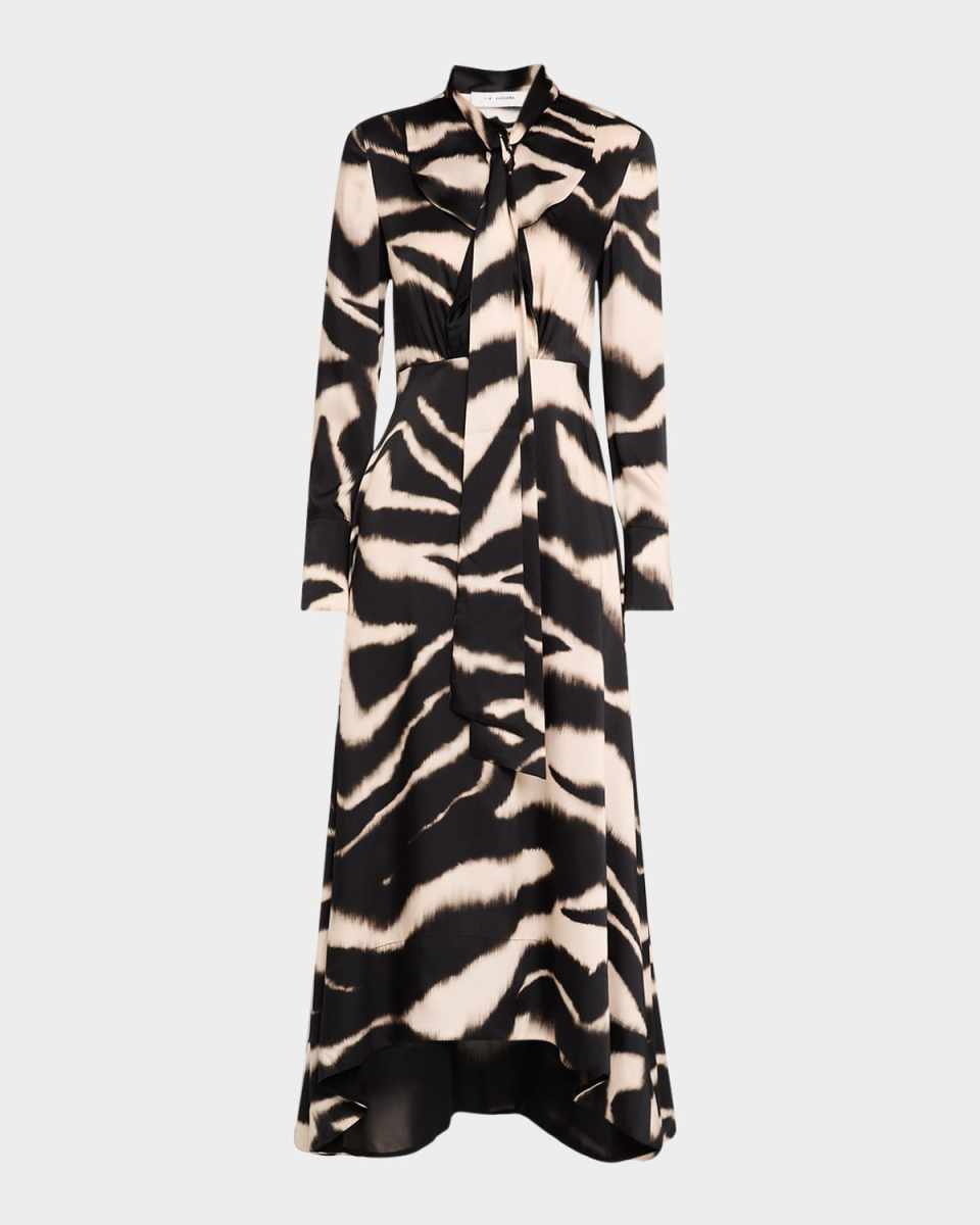 Zebra-Print Long-Sleeve Scarf Midi Dress